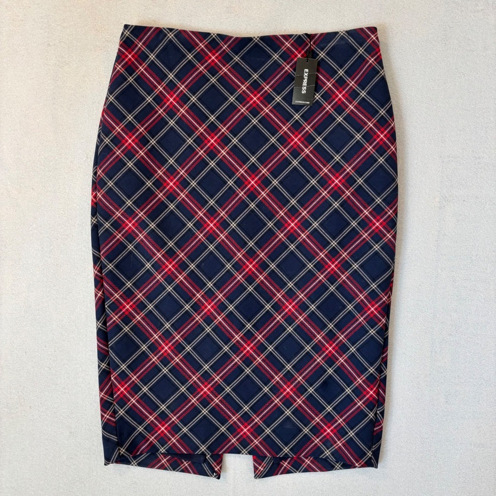 Express Navy Blue Red Plaid Pencil Skirt Knee Length Womens 6